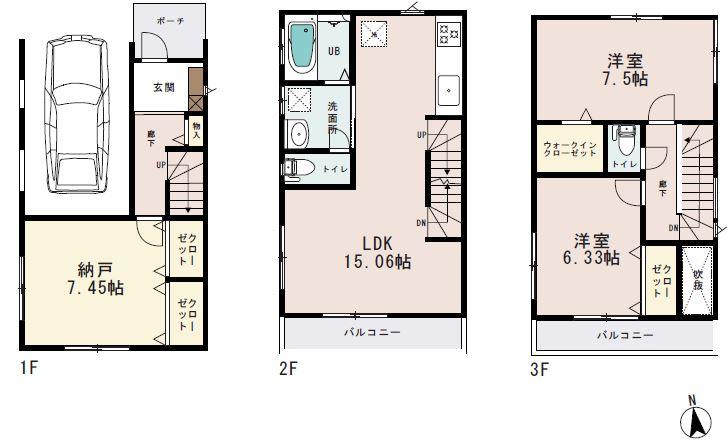 Floor plan. (3 Building), Price 31,800,000 yen, 2LDK+S, Land area 60.24 sq m , Building area 105.98 sq m