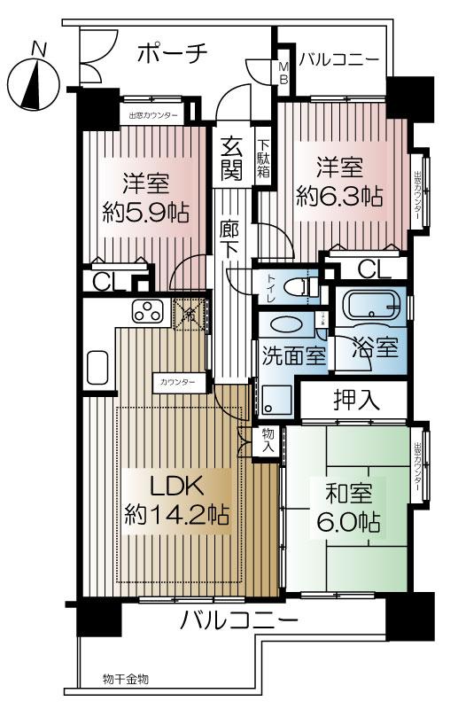 Floor plan. 3LDK, Price 35,800,000 yen, Footprint 71.1 sq m , Balcony area 9.54 sq m