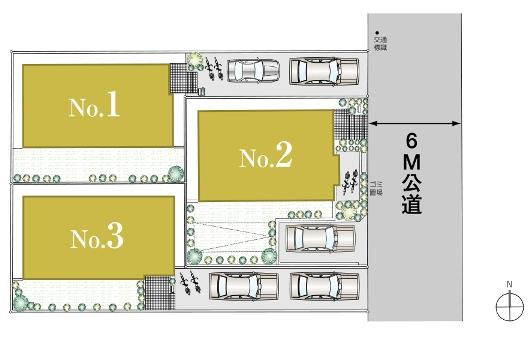The entire compartment Figure. Facing the 6M public roads, All Shitsuminami facing 3LDK centered on the living drifting all three House open feeling of the site 34.25 square meters.