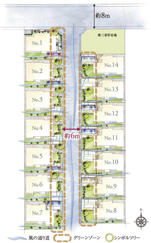 The entire compartment Figure. Green landscape that spread to the east and west of the development road, Nestled comfortably each residence in the, Carefree town (site layout)