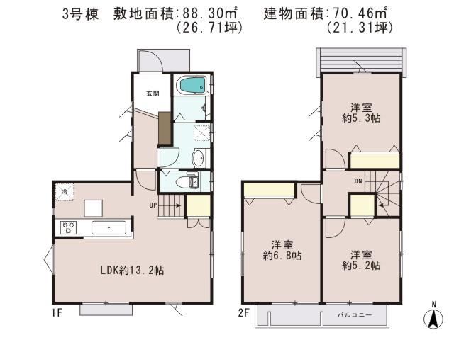 Floor plan. 33,800,000 yen, 3LDK, Land area 88.3 sq m , Building area 70.46 sq m