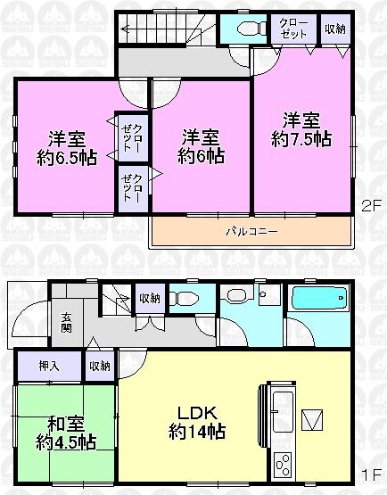 Floor plan. (1 Building), Price 42,800,000 yen, 4LDK, Land area 95.67 sq m , Building area 90.31 sq m