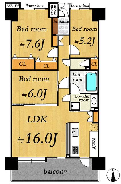 Floor plan. 3LDK, Price 26,800,000 yen, Occupied area 75.97 sq m , Balcony area 13.4 sq m