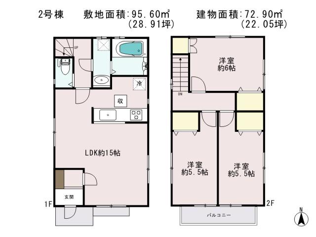 Floor plan. (Building 2), Price 34,800,000 yen, 3LDK, Land area 95.6 sq m , Building area 72.9 sq m