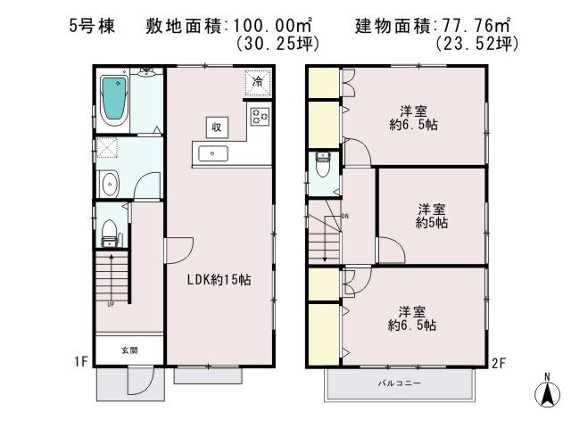 Floor plan. (5 Building), Price 35,800,000 yen, 3LDK, Land area 100 sq m , Building area 77.76 sq m