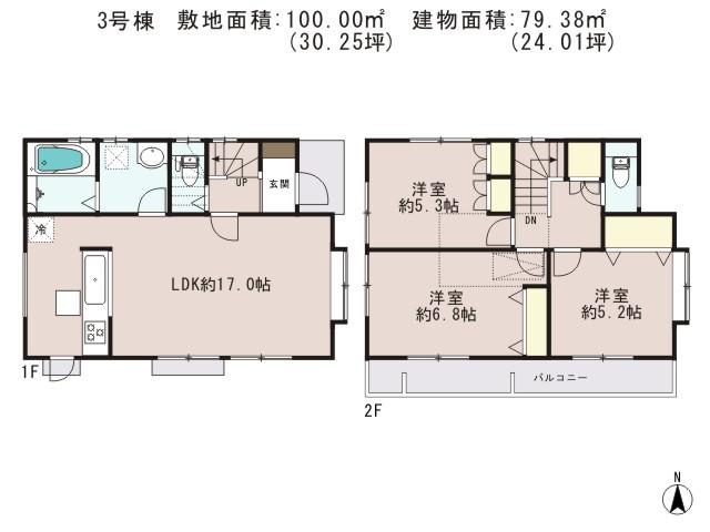 Floor plan. (3 Building), Price 40,800,000 yen, 3LDK, Land area 100 sq m , Building area 79.38 sq m