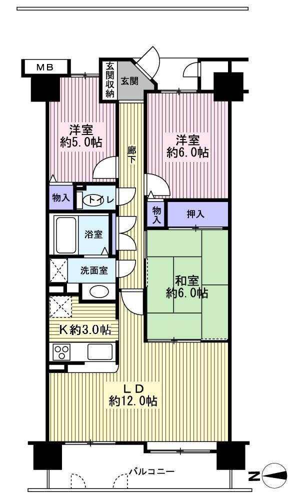 Floor plan. 3LDK, Price 28 million yen, Footprint 72.4 sq m , Balcony area 9.6 sq m