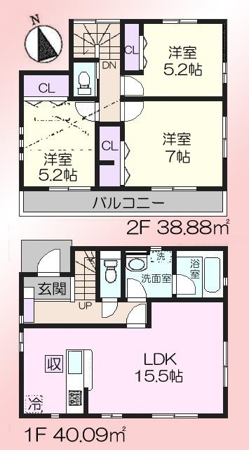 Floor plan. (1 Building), Price 35,800,000 yen, 3LDK, Land area 102.01 sq m , Building area 78.97 sq m