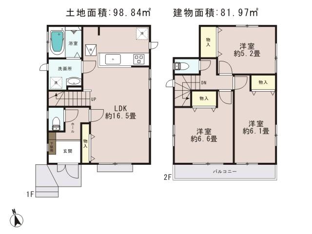 Floor plan. (1 Building), Price 38,300,000 yen, 3LDK, Land area 98.84 sq m , Building area 81.97 sq m