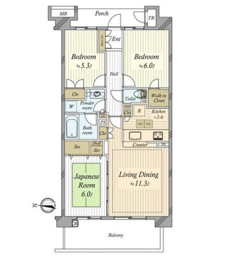 Floor plan. 3LDK, Price 32,800,000 yen, Occupied area 71.79 sq m , Balcony area 11.6 sq m