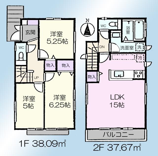 Floor plan. (Building 2), Price 36,800,000 yen, 3LDK, Land area 95.35 sq m , Building area 75.76 sq m