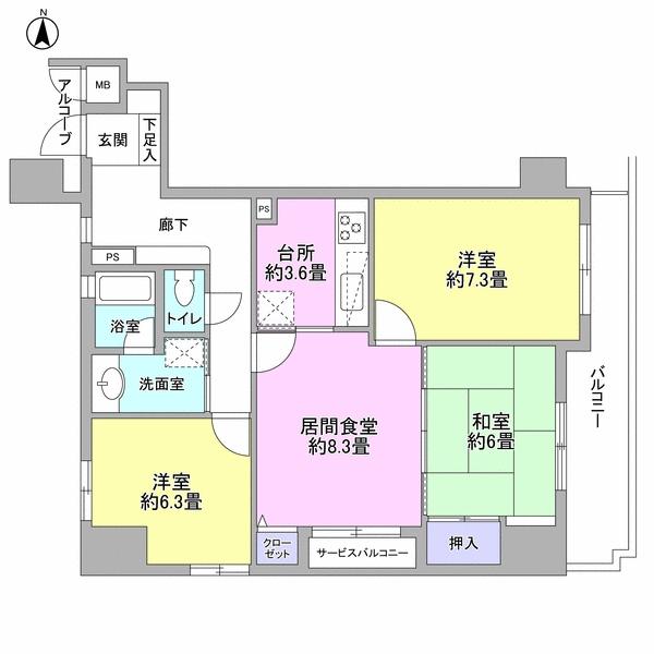 Floor plan. 3LDK, Price 24,800,000 yen, Footprint 72.6 sq m , Balcony area 8.97 sq m