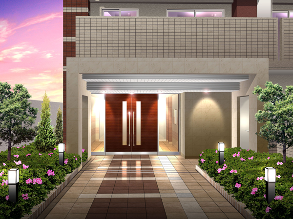 Buildings and facilities. Tamagawa approach space to feel comfortable and depth that was implemented by the building arrangement recessed one step from the south road that runs between the green road. Arranged flower beds on both sides, It gives a sophisticated impression grace the entrance space that becomes the symbol of the building. (Entrance Rendering)