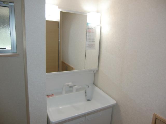 Wash basin, toilet. Three-sided mirror