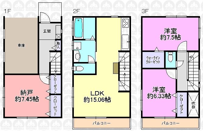 Floor plan. (3 Building), Price 31,800,000 yen, 2LDK+2S, Land area 60.24 sq m , Building area 105.98 sq m