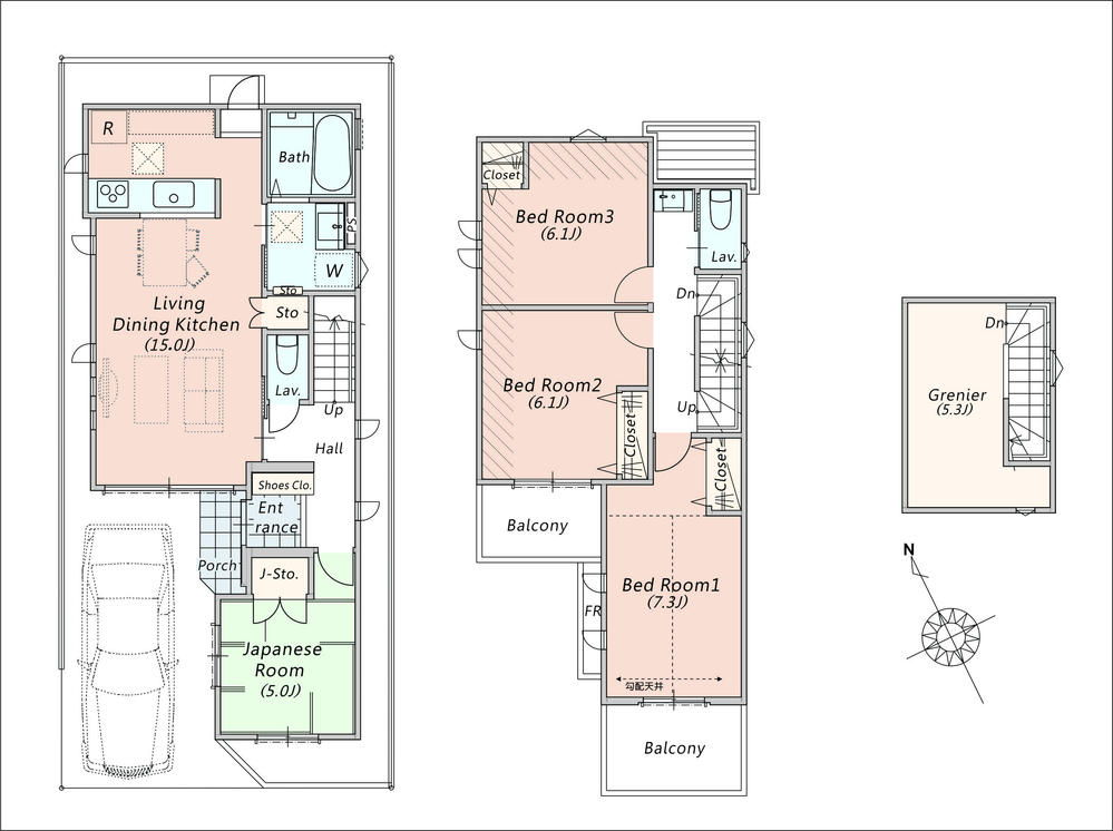 Floor plan. (5 Building), Price 44,300,000 yen, 4LDK, Land area 90 sq m , Building area 94.95 sq m