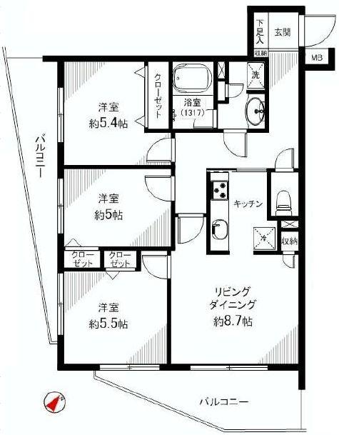 Floor plan. 3LDK, Price 31,800,000 yen, Occupied area 64.93 sq m , Balcony area 16.89 sq m