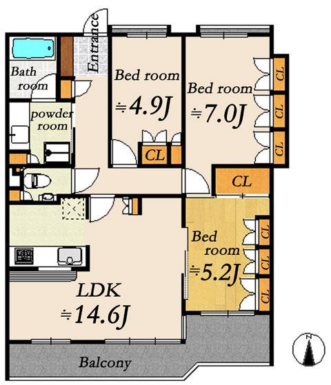 Floor plan. 3LDK, Price 34,800,000 yen, Occupied area 77.36 sq m , Balcony area 13.56 sq m