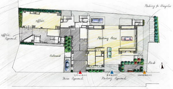 Shared facilities.  [The pursuit of high-quality living comfort, Facing south ・ Space plan of the corner dwelling unit center (about 66%)] And the west wing facing the front of the station beautifully drilled rotary, South tower, which is composed of all households facing south. Impressive land plan that takes advantage of each of the personality.  By rich corner dwelling unit and the south-facing center, It captures the nature of light and wind, Comfort of quality is aimed at space design that breathes. (Site layout)