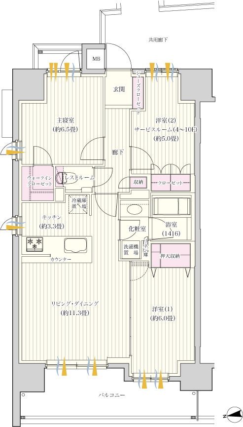 Other. A type 3LDK + WIC (11 ~ 13F) / 2LDK + S (storeroom) + WIC (5 ~ 10F) footprint / 69.43 sq m balcony area / 11.81 sq m service balcony area / 1.57 sq m