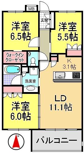 Floor plan. 3LDK, Price 49 million yen, Footprint 70 sq m , Balcony area 8.8 sq m