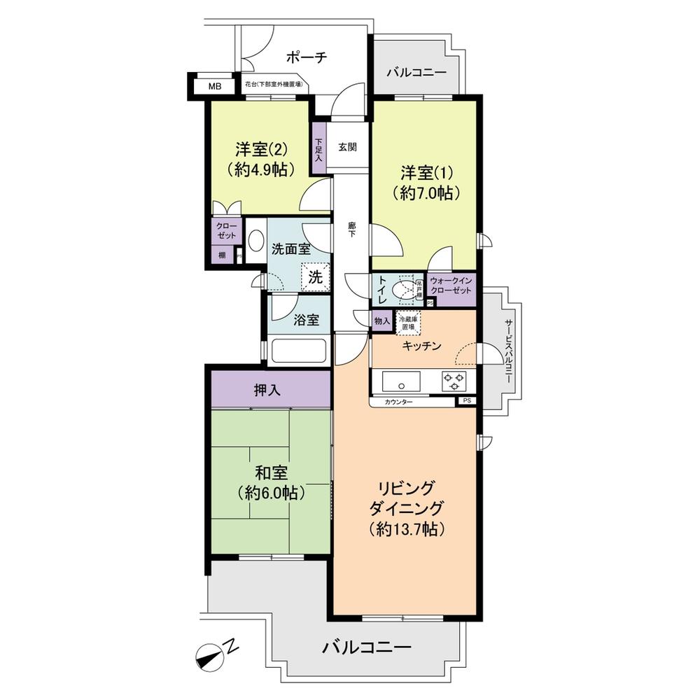 Floor plan. 3LDK, Price 34,800,000 yen, Occupied area 77.13 sq m , Balcony area 14.62 sq m is three-sided lighting double-sided balcony bright first floor angle dwelling unit Free