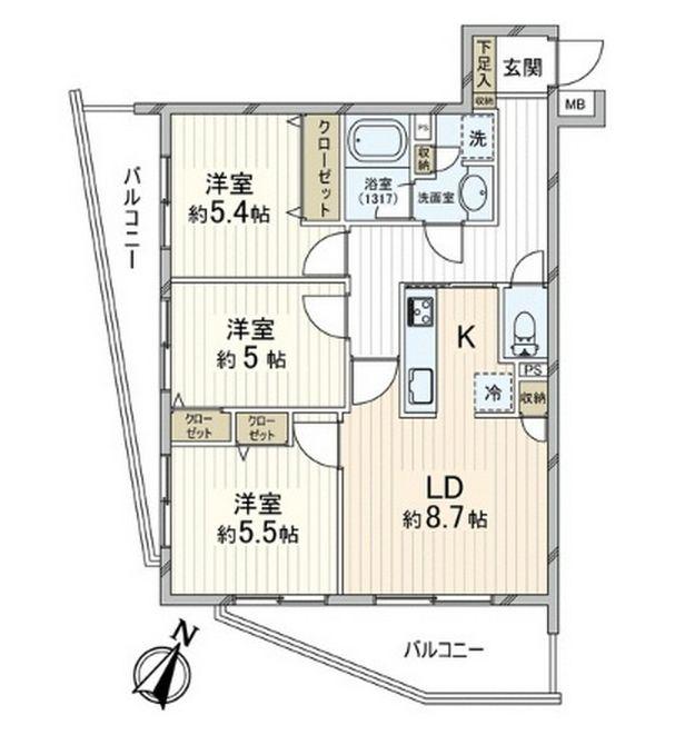 Floor plan. 3LDK, Price 31,800,000 yen, Occupied area 64.93 sq m , Balcony area 16.89 sq m Pets Allowed