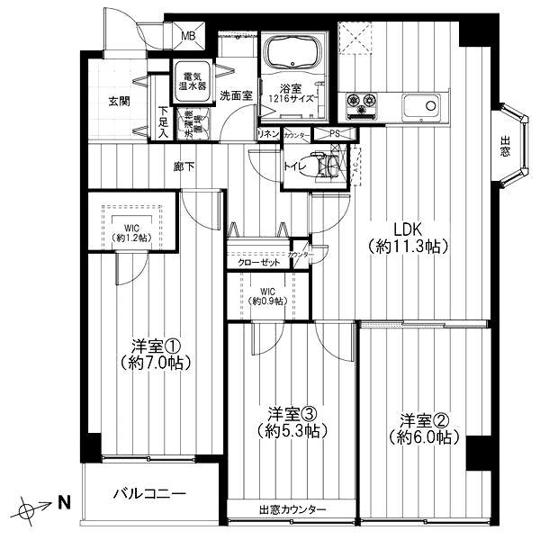 Floor plan. 3LDK, Price 34,900,000 yen, Footprint 69.87m2, Balcony area 2.86m2