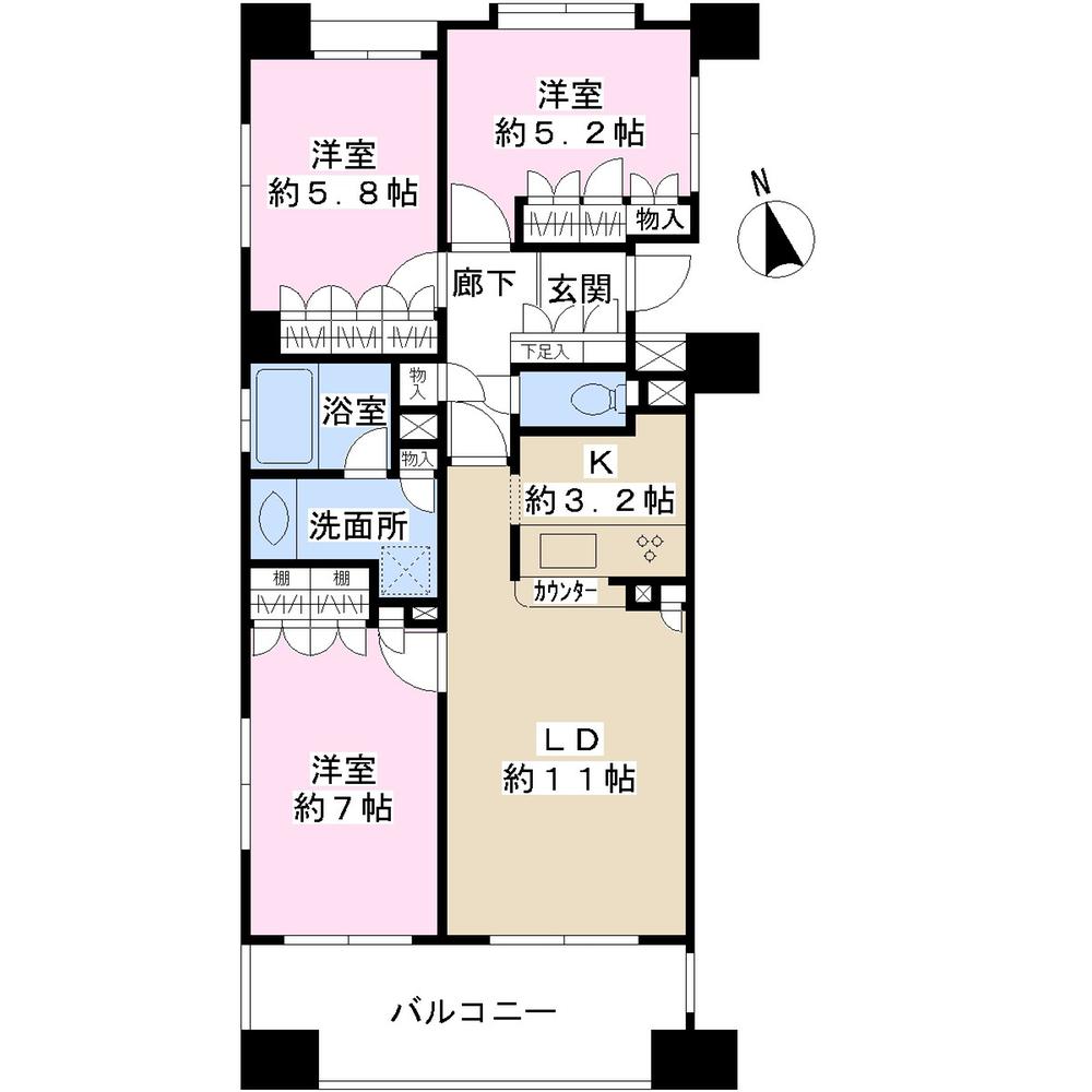 Floor plan. 3LDK, Price 38,800,000 yen, Occupied area 72.63 sq m , Between the balcony area 12 sq m floor plan