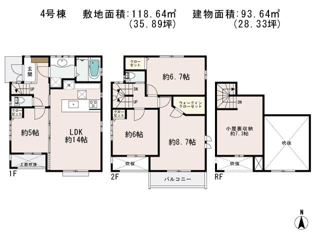 Floor plan. 60,800,000 yen, 4LDK + S (storeroom), Land area 118.64 sq m , Building area 93.64 sq m