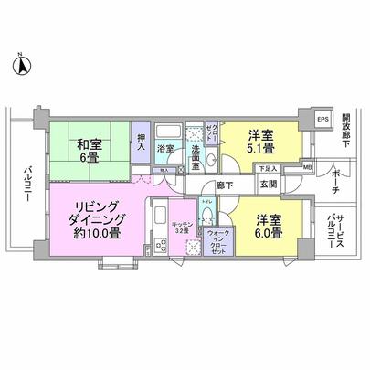 Floor plan.  ※ West ・ South ・ East of the three-direction room  ※ Double-sided balcony