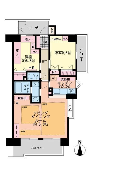 Floor plan. 2LDK, Price 24,800,000 yen, Occupied area 63.69 sq m , Balcony area 12.25 sq m