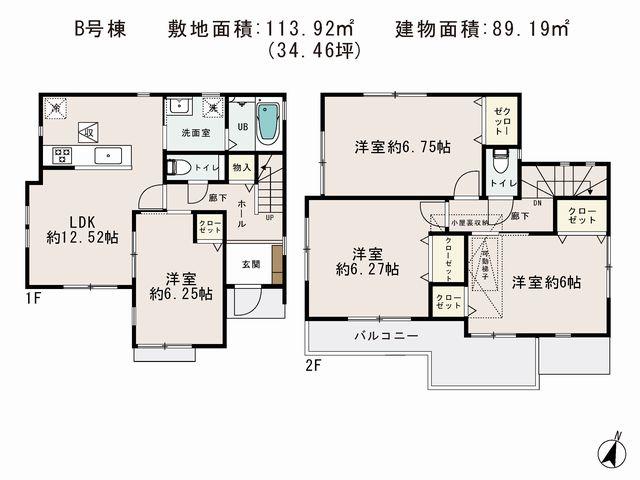 Floor plan. (B Building), Price 39,800,000 yen, 4LDK, Land area 113.85 sq m , Building area 89.19 sq m