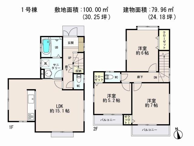 Floor plan. (1 Building), Price 38,800,000 yen, 3LDK, Land area 100 sq m , Building area 79.96 sq m