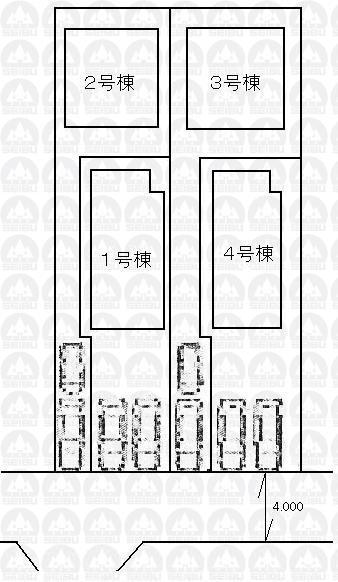 The entire compartment Figure. All four buildings This selling 4 buildings 1 Building: 108.62 sq m (32.85 square meters) Building 2: 114.16 sq m (34.53 tsubo) Building 3: 114.97 sq m (34.77 square meters) 4 Building: 108.47 sq m (32.81 square meters)