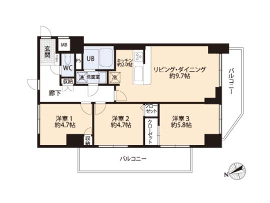 Floor plan. 3LDK, Price 31,800,000 yen, Footprint 65 sq m , Balcony area 13.6 sq m floor plan
