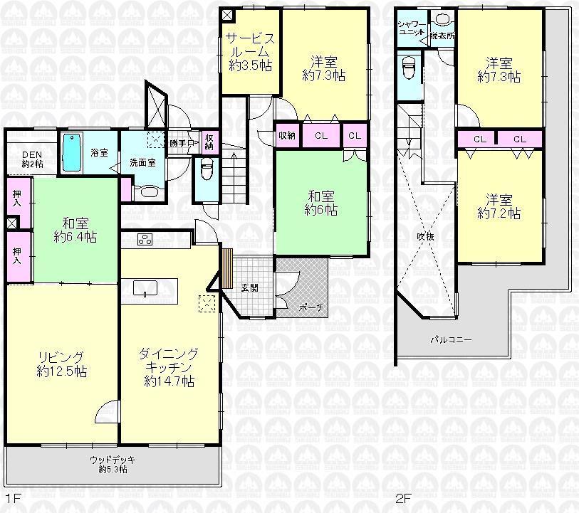 Floor plan. 5LDK + S (storeroom), Price 49,800,000 yen, Footprint 158.66 sq m , Balcony area 15.7 sq m detached sense ・ Two Family Allowed (Japanese-style room 2 rooms) Air-conditioned 6 group