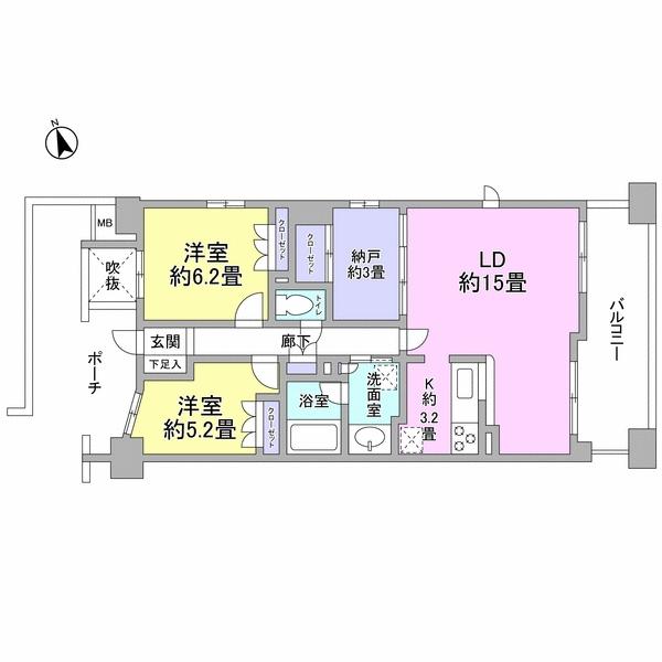 Floor plan. 2LDK, Price 44,800,000 yen, Occupied area 74.53 sq m , Balcony area 12.28 sq m