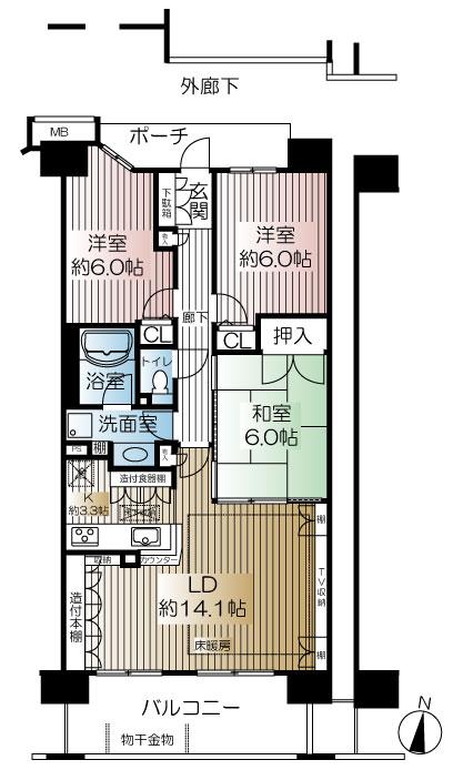 Floor plan. 3LDK, Price 37,700,000 yen, Occupied area 76.41 sq m , Balcony area 12 sq m