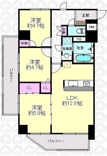 Floor plan. 3LDK, Price 31,800,000 yen, Footprint 65 sq m , Balcony area 13.6 sq m 3LDK