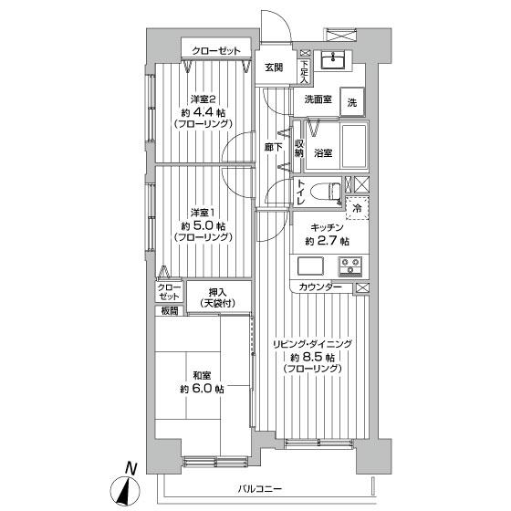 Floor plan. 3LDK, Price 29,800,000 yen, Occupied area 61.27 sq m , Balcony area 6.14 sq m