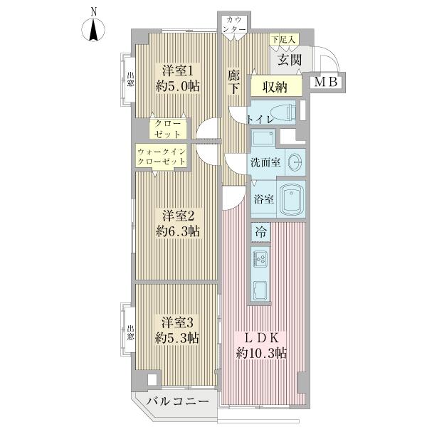 Floor plan. 3LDK, Price 24,800,000 yen, Occupied area 64.57 sq m , Balcony area 2.41 sq m