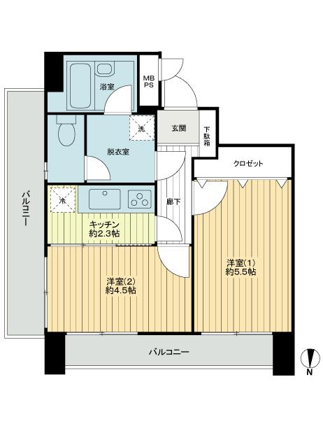 Floor plan. 2K, Price 14.8 million yen, Occupied area 33.75 sq m , Balcony area 9.72 sq m floor plan