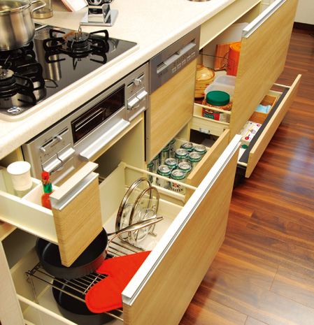 Kitchen.  [Slide storage] Those houses has adopted a slide type that can be taken out smoothly during. You can be out in a comfortable position, It is very convenient because it can be used effectively to the back of the storage space.  ※ Fixtures, etc. are not included in the price.