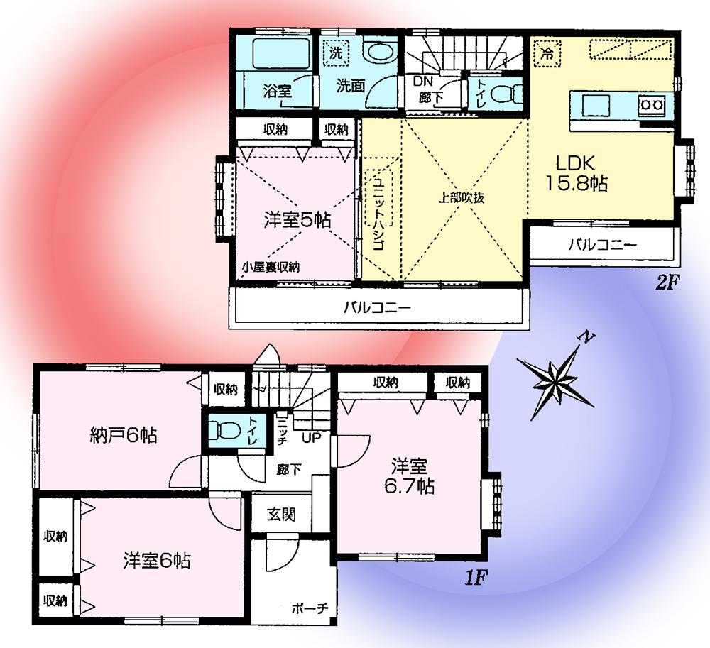 Floor plan. 44,800,000 yen, 4LDK, Land area 113.02 sq m , Building area 90.3 sq m ● LDK15 tatami mats or more, Floor heating, Double-glazing, TV monitor interphone, Atrium! !
