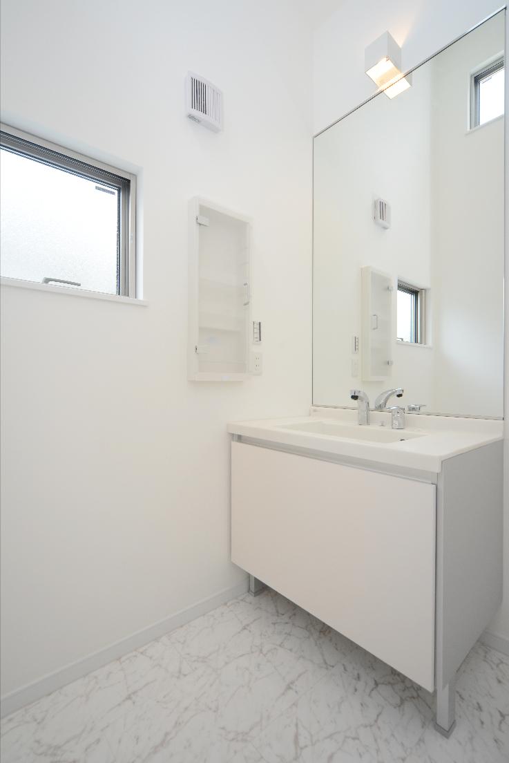 Wash basin, toilet. Wide one side mirror. Housed plenty of wide cabinet will support the smart living in the functionality of the enhancement. 