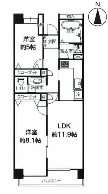 Floor plan. 2LDK, Price 33,300,000 yen, Occupied area 60.54 sq m , Balcony area 8.59 sq m