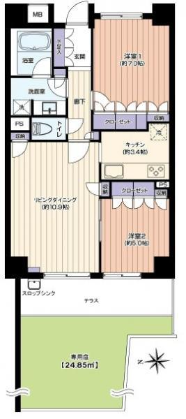 Floor plan. 2LDK, Price 28.8 million yen, Occupied area 61.54 sq m