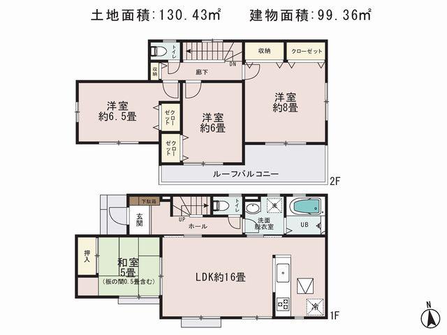 Floor plan. (1 Building), Price 43,800,000 yen, 4LDK, Land area 130.43 sq m , Building area 99.36 sq m