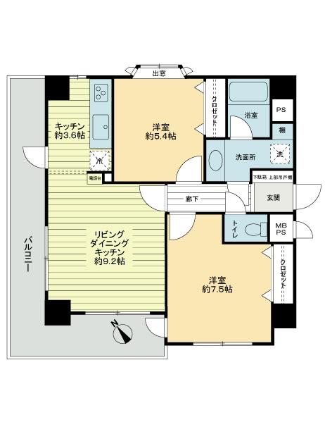 Floor plan. 2LDK, Price 24,800,000 yen, Occupied area 58.08 sq m , Balcony area 15.36 sq m Mato ・ Corner room